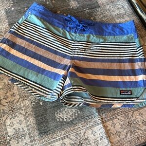 Patagonia Women's Athletic Shorts - Blue, Green, Tan Stripes